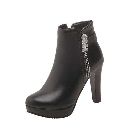 Women's Pu Leather Almond Toe Rhinestone Tassel Side Zippers Block Chunky Heel Platform Short Boots