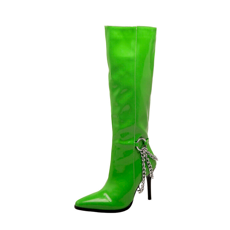 Women's Glossy Pointed Toe Metal Chains Stiletto Heel Knee-High Boots