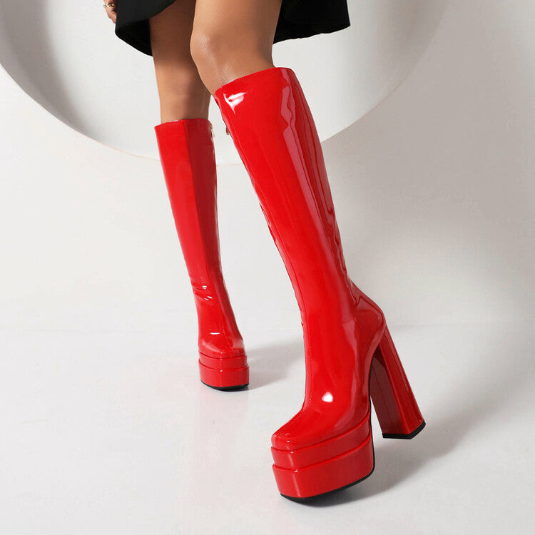 Women's Pu Leather Square Toe Side Zippers Block Chunky Heel Platform Knee High Boots