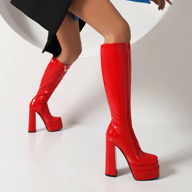 Women's Pu Leather Square Toe Side Zippers Block Chunky Heel Platform Knee High Boots