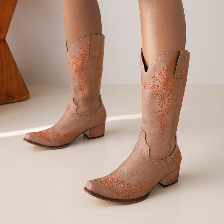 Women's Ethnic Pu Leather Pointed Toe Patchwork Embroidery Low Heels Cowboy Mid-calf Boots