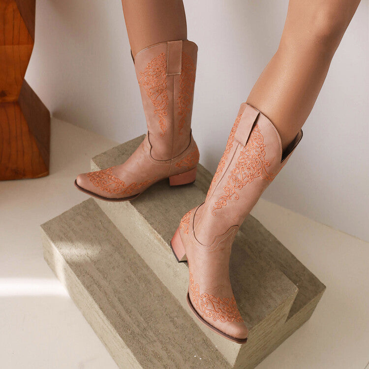 Women's Ethnic Pu Leather Pointed Toe Patchwork Embroidery Low Heels Cowboy Mid-calf Boots