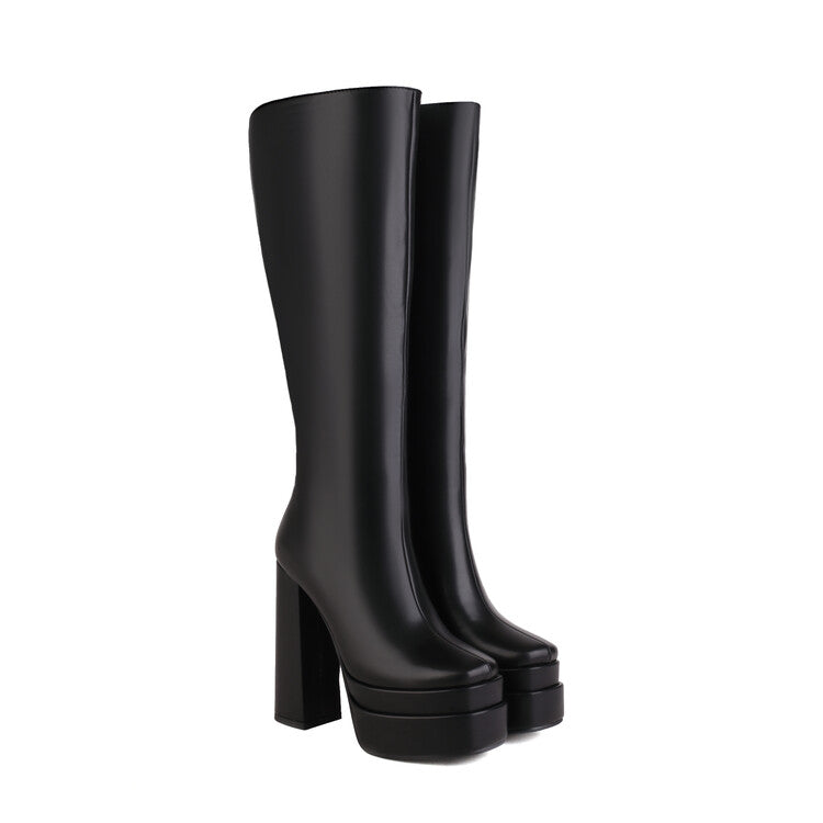 Women's Frosted Pu Leather Square Toe Block Chunky Heel Side Zippers Platform Knee High Boots