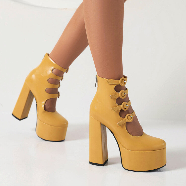 Women's Booties Glossy Round Toe Cutout Buckle Straps Block Chunky Heel Platform Back Zippers Short Boots