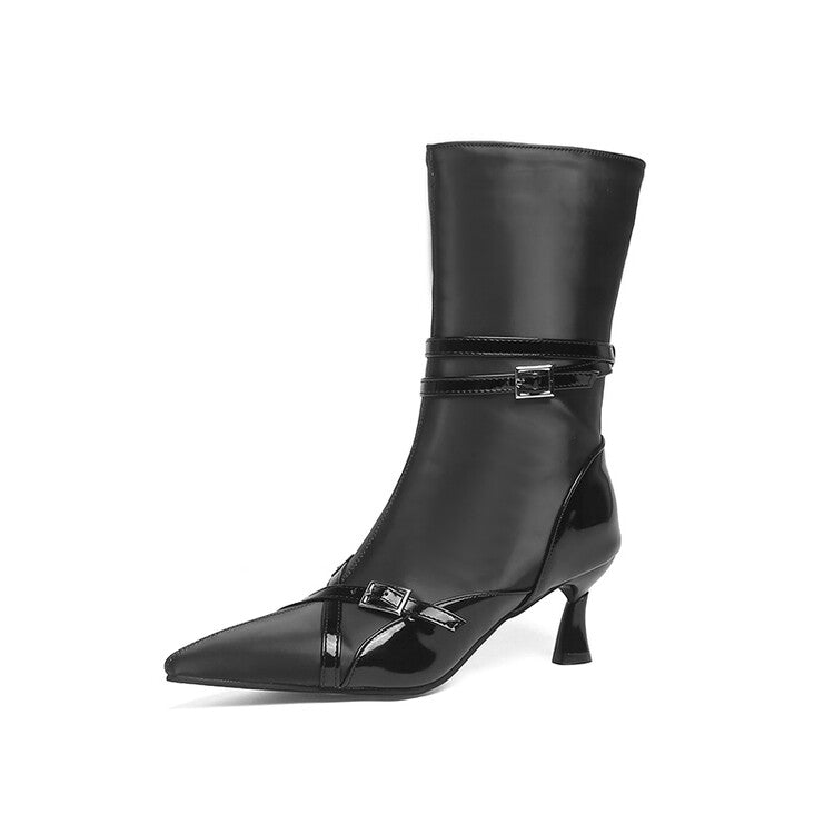 Women's Glossy Pointed Toe Buckle Straps Middle Heel Ankle Boots