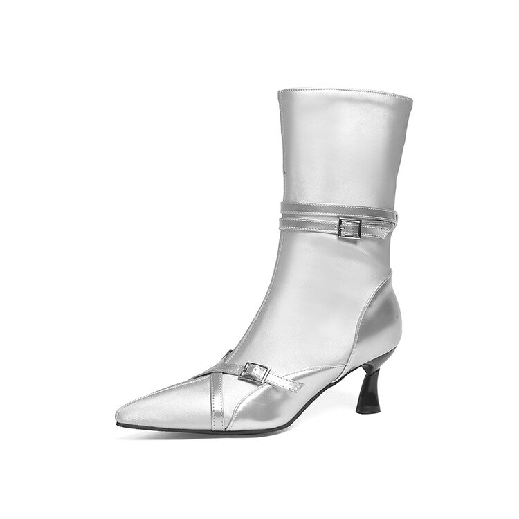 Women's Glossy Pointed Toe Buckle Straps Middle Heel Ankle Boots