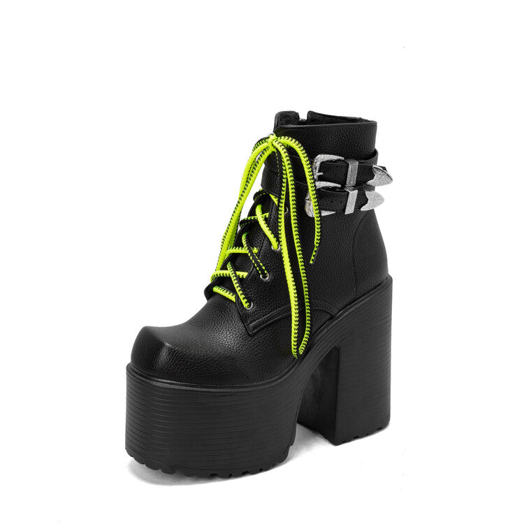 Women's Pu Leather Square Toe Lace Up Buckle Straps Block Chunky Heel Platform Ankle Boots