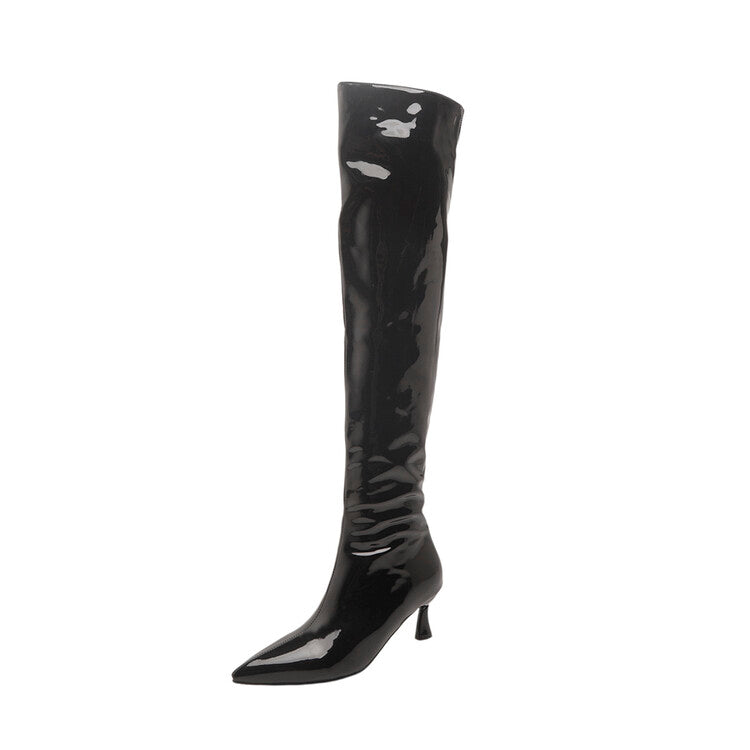 Women's Glossy Pointed Toe Side Zippers Stiletto Heel Over-the-Knee Boots