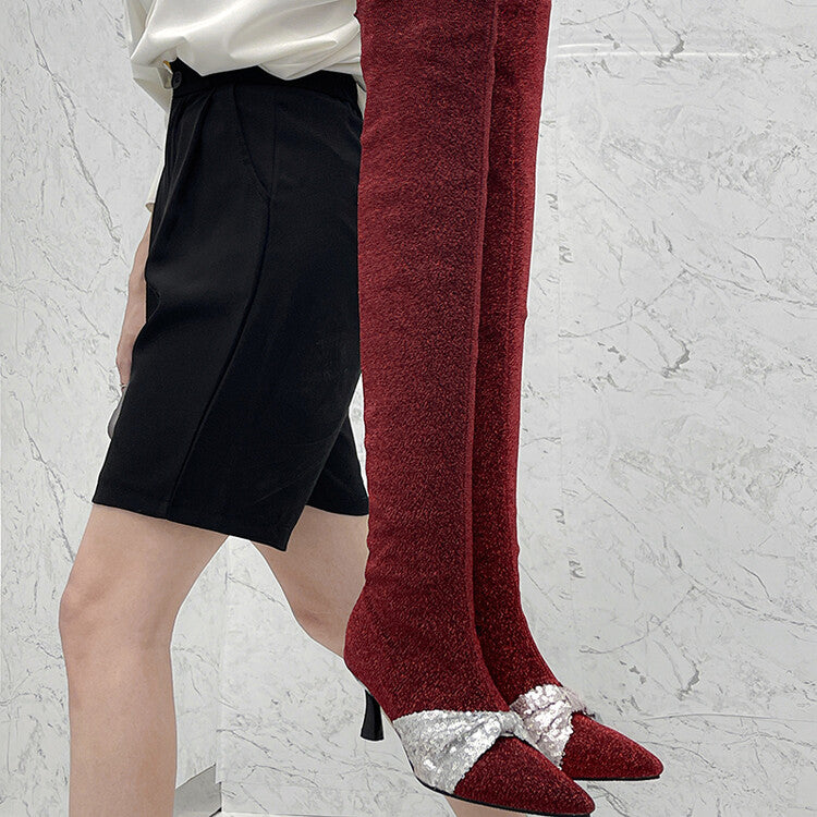 Women's Pointed Toe Glitter Bowtie Stiletto Heel Over-the-Knee Boots