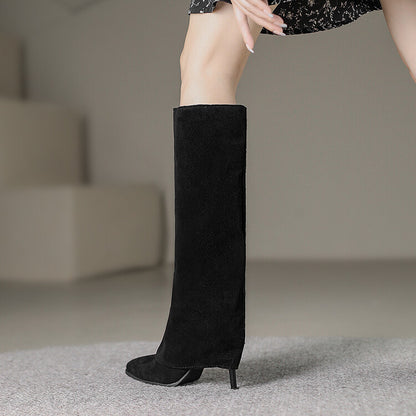 Women's Pointed Toe Fold Stiletto Heel Knee-High Boots