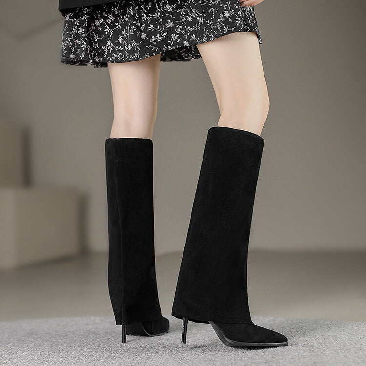 Women's Pointed Toe Fold Stiletto Heel Knee-High Boots