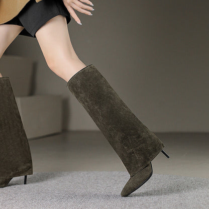 Women's Pointed Toe Fold Stiletto Heel Knee-High Boots