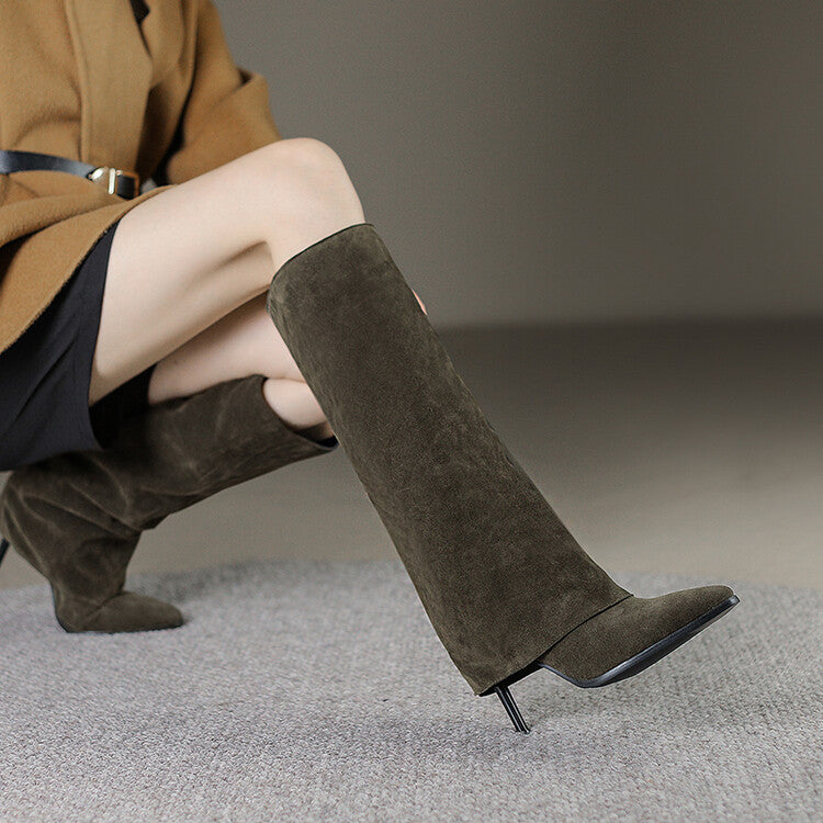 Women's Pointed Toe Fold Stiletto Heel Knee-High Boots