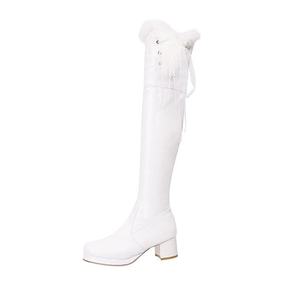 Women's Lace Fur Block Heel Platform Over-The-Knee Boots