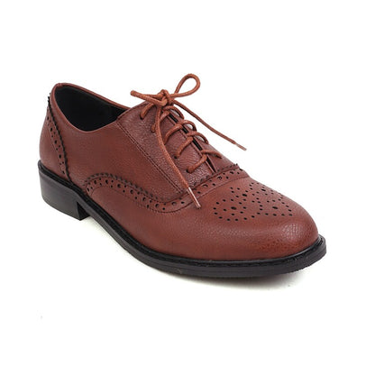 Women's Round Toe Carved Lace-Up Flat Oxford Shoes