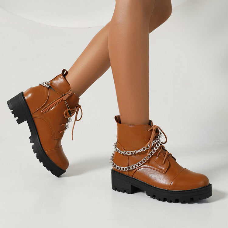 Women's Pu Leather Round Toe Lace Up Side Zippers Metal Chains Block Chunky Heel Platform Short Boots