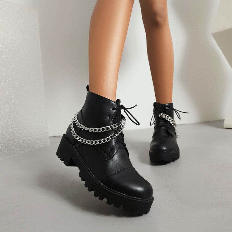 Women's Pu Leather Round Toe Lace Up Side Zippers Metal Chains Block Chunky Heel Platform Short Boots