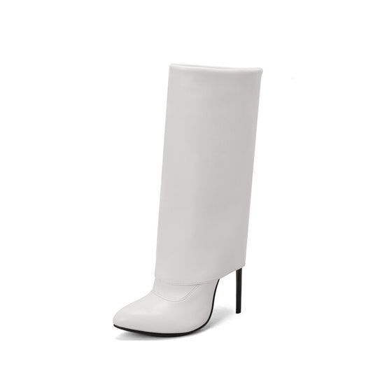 Women's Pu Leather Pointed Toe Side Zippers Fold Stiletto Heel Mid-Calf Boots