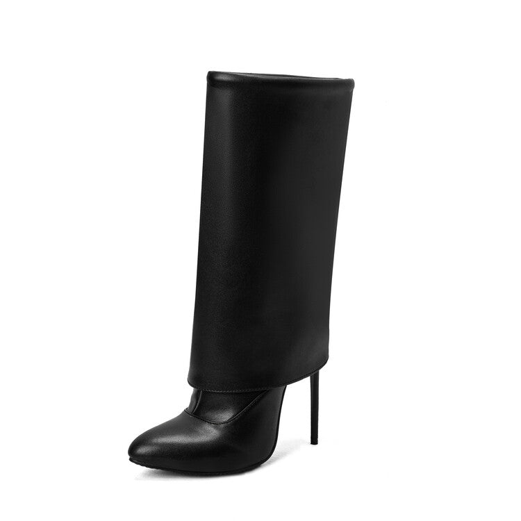 Women's Pu Leather Pointed Toe Side Zippers Fold Stiletto Heel Mid-Calf Boots