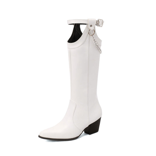 Women's Pointed Toe Buckle Straps Side Zippers Metal Chains Puppy Heel Mid-Calf Boots