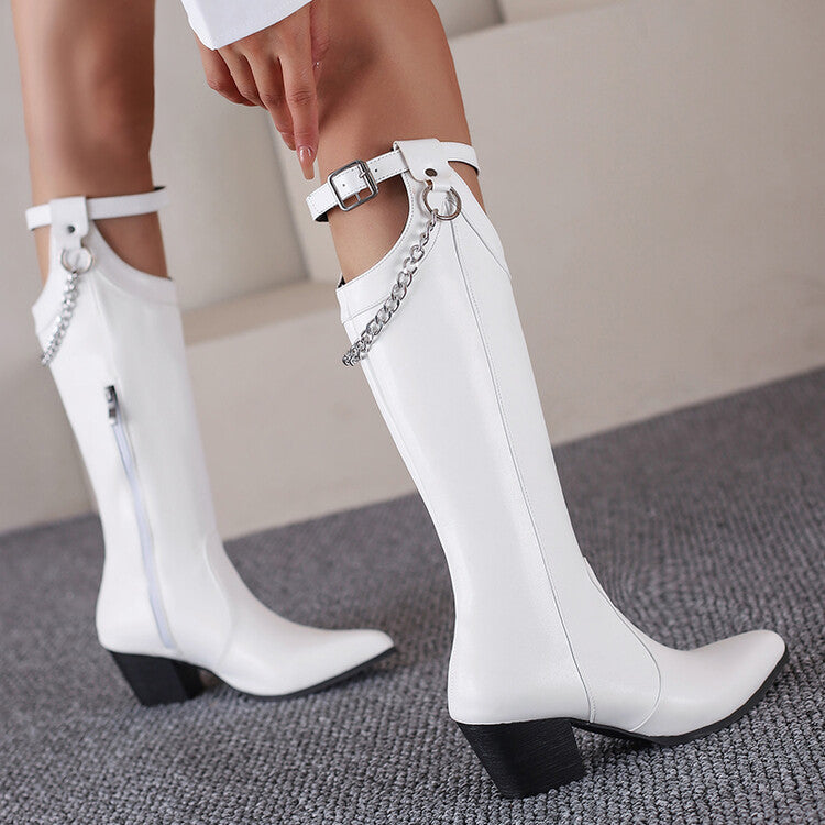 Women's Pointed Toe Buckle Straps Side Zippers Metal Chains Puppy Heel Mid-Calf Boots