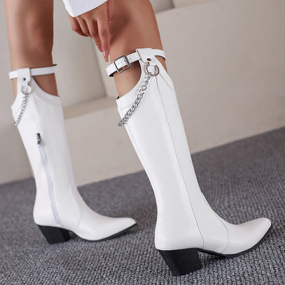 Women's Pointed Toe Buckle Straps Side Zippers Metal Chains Puppy Heel Mid-Calf Boots