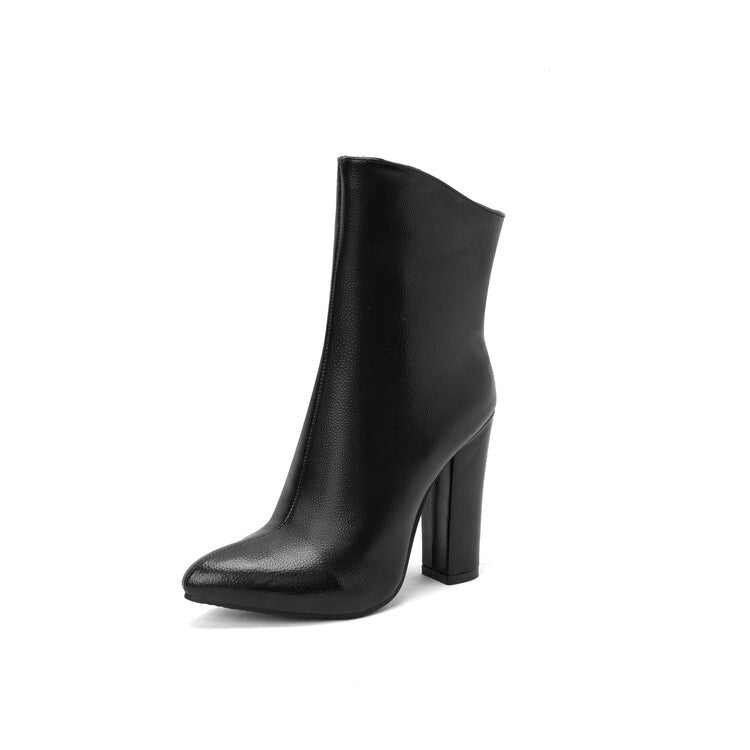 Women's Sparkling Patent Side Zippers Pointed Toe Block Chunky Heel Mid-Calf Boots