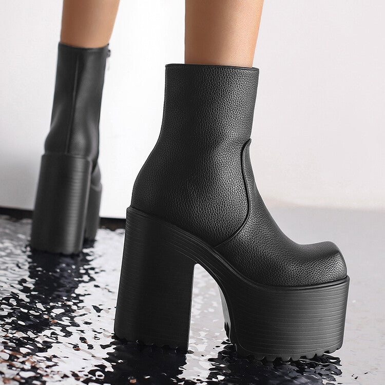 Women's Embossed Leather Pu Leather Side Zippers Block Chunky Heel Platform Ankle Boots