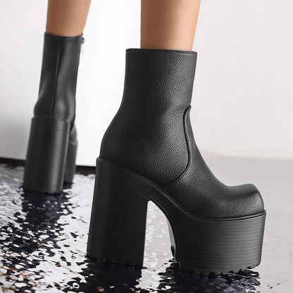 Women's Embossed Leather Pu Leather Side Zippers Block Chunky Heel Platform Ankle Boots