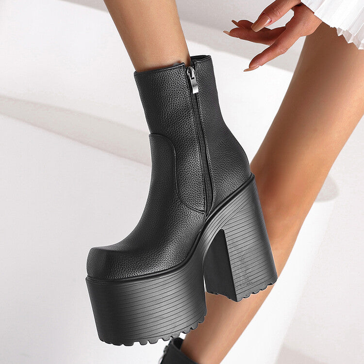 Women's Embossed Leather Pu Leather Side Zippers Block Chunky Heel Platform Ankle Boots
