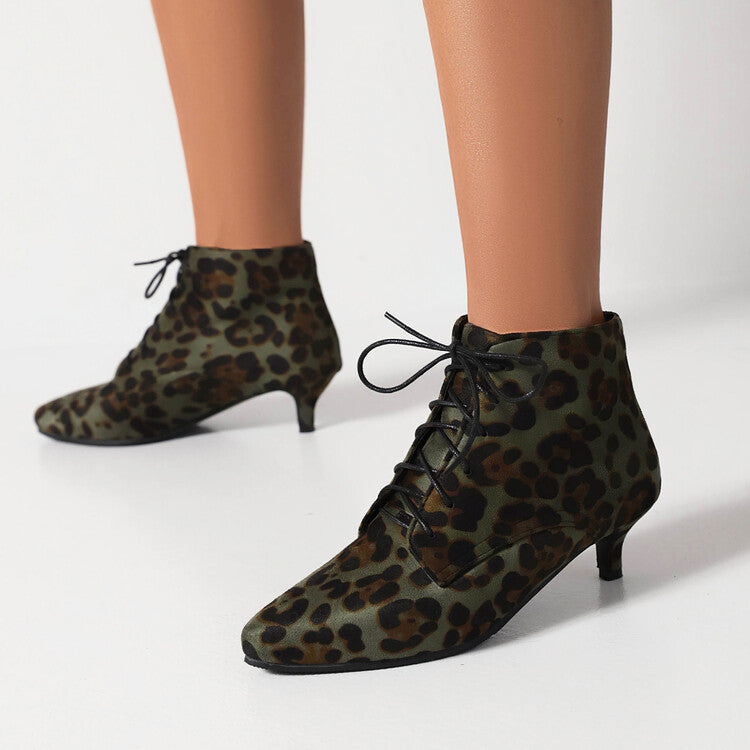 Women's Booties Leopard Print Flock Lace Up Kitten Heel Ankle Boots