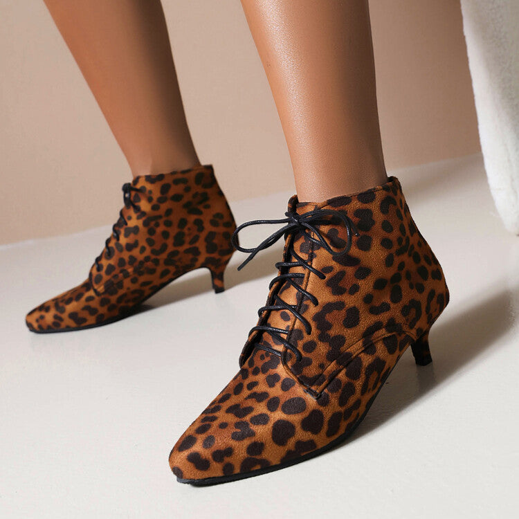 Women's Booties Leopard Print Flock Lace Up Kitten Heel Ankle Boots