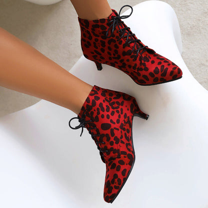 Women's Booties Leopard Print Flock Lace Up Kitten Heel Ankle Boots