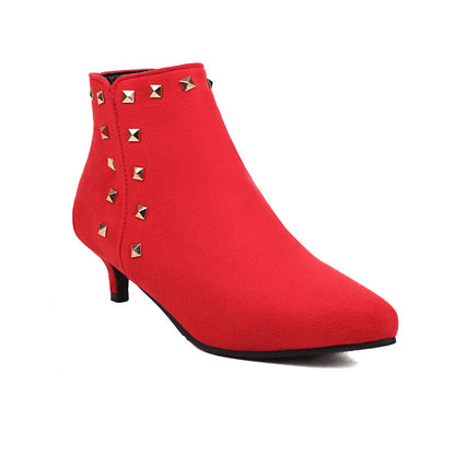 Women's Booties Flock Pointed Toe Rivets Side Zippers Kitten Heel Ankle Boots