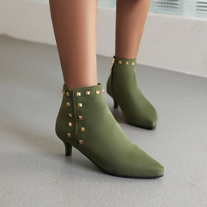 Women's Booties Flock Pointed Toe Rivets Side Zippers Kitten Heel Ankle Boots