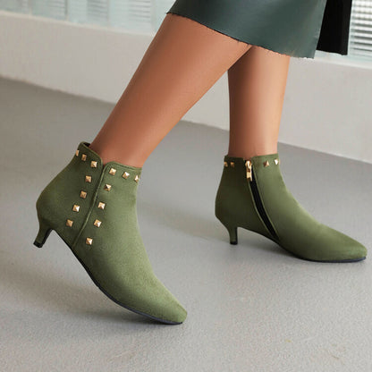 Women's Booties Flock Pointed Toe Rivets Side Zippers Kitten Heel Ankle Boots