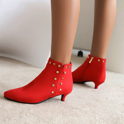 Women's Booties Flock Pointed Toe Rivets Side Zippers Kitten Heel Ankle Boots