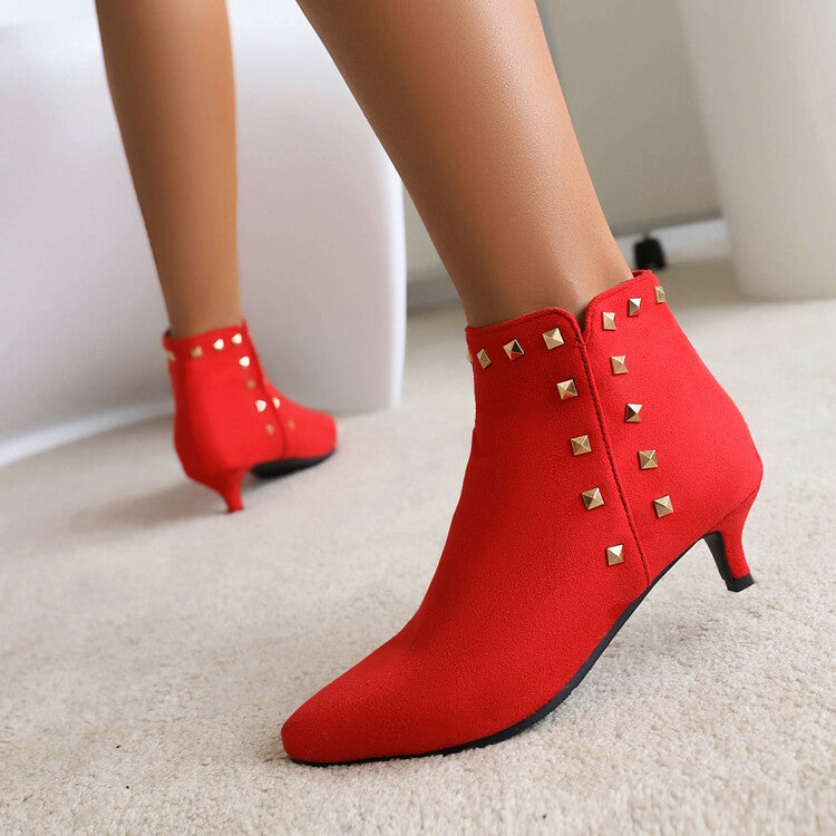 Women's Booties Flock Pointed Toe Rivets Side Zippers Kitten Heel Ankle Boots