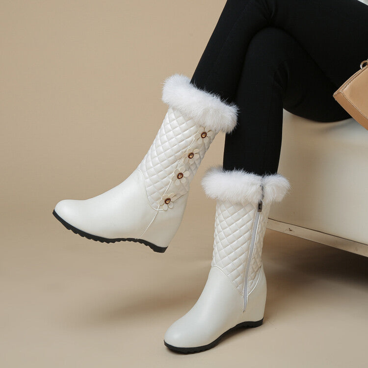 Women's Round Toe Lattice Fur Wedge Heel Inside Heighten Mid Calf Boots