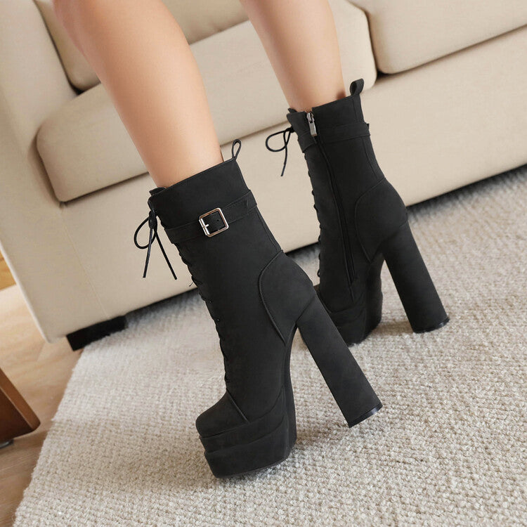 Women's Square Toe Lace Up Buckle Straps Block Chunky Heel Platform Side Zippers Short Boots