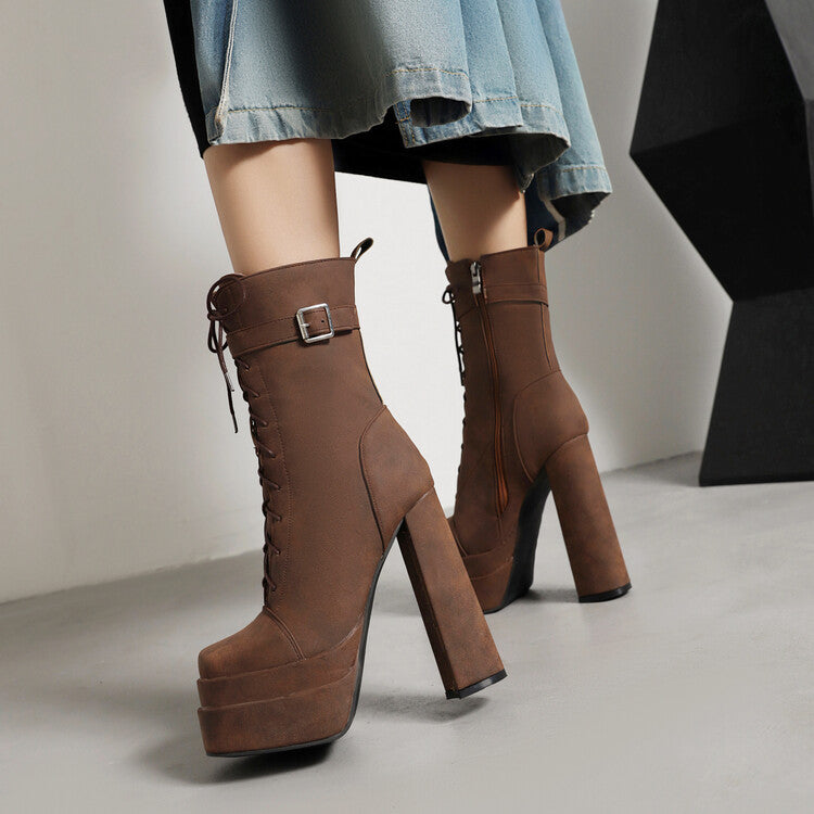 Women's Square Toe Lace Up Buckle Straps Block Chunky Heel Platform Side Zippers Short Boots