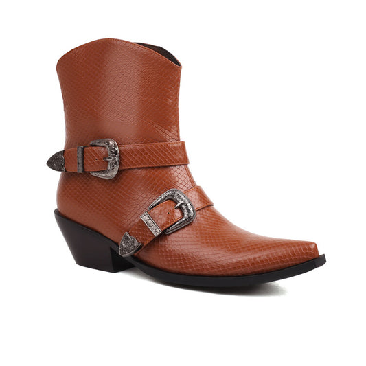 Women's Pointed Toe Beveled Heel Buckle Straps Mid Calf Western Boots