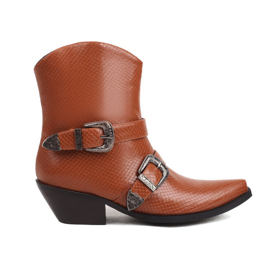 Women's Pointed Toe Beveled Heel Buckle Straps Mid Calf Western Boots