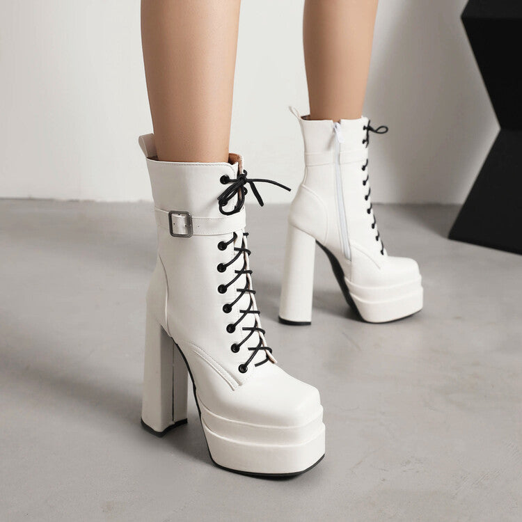 Women's Square Toe Lace-Up Buckle Straps Side Zippers Block Chunky Heel Platform Short Boots