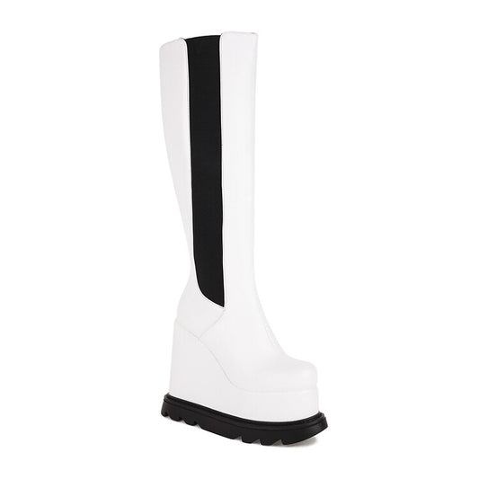 Women's Pu Leather Square Toe Bicolor Side Zippers Wedge Heel Platform Knee High Boots