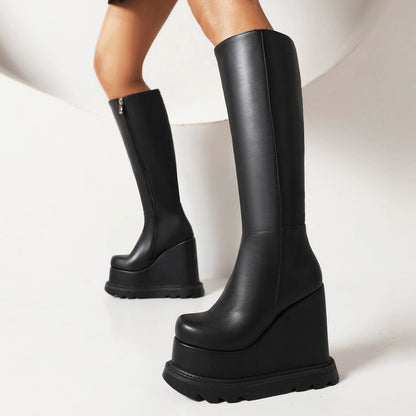 Women's Matte Pu Leather Side Zippers Wedge Heel Platform Knee High Boots