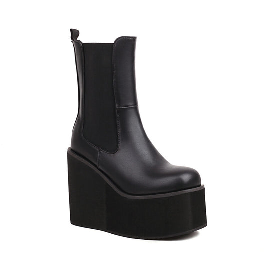 Women's Pu Leather Square Toe Stretch Wedge Heel Platform Short Boots