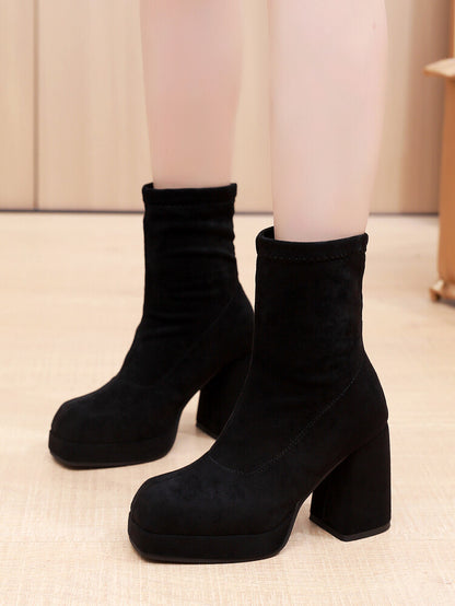 Women's Square Toe Velvet Block Chunky Heel Platform Short Boots