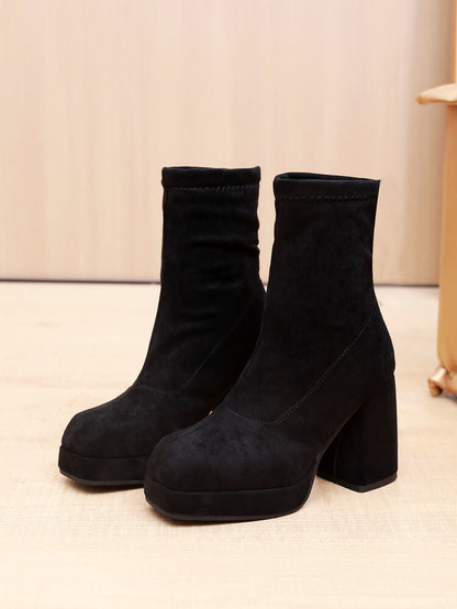 Women's Square Toe Velvet Block Chunky Heel Platform Short Boots