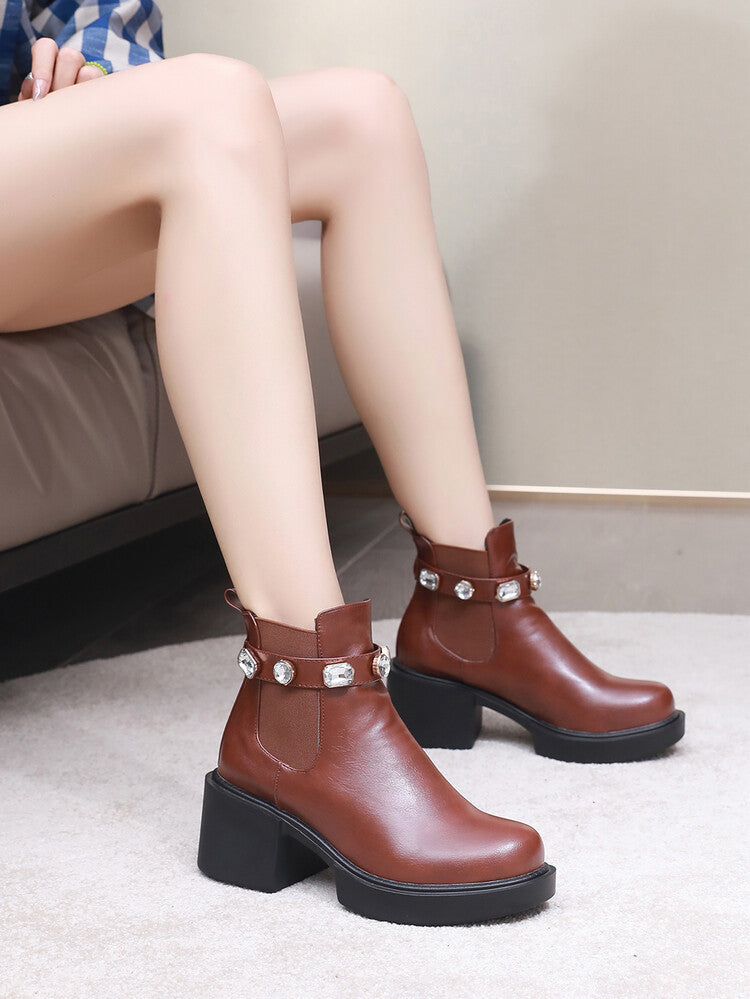 Women's Rhinestone Stretch Block Chunky Heel Platform Short Boots